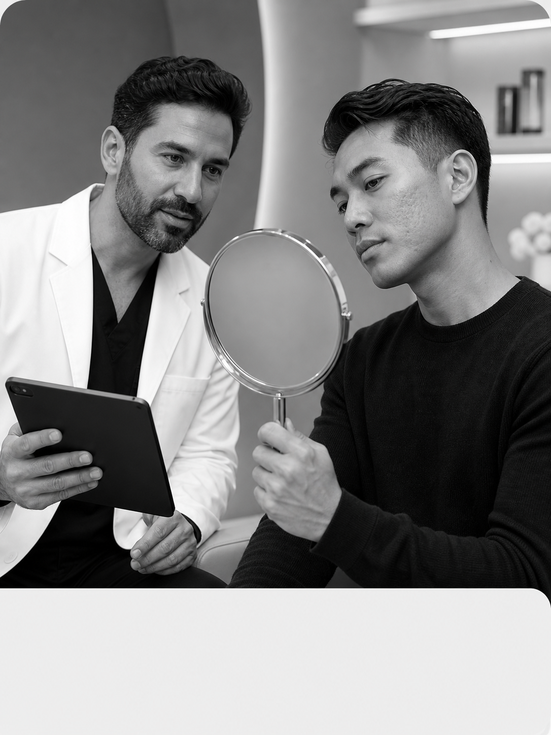 Male dermatologist consulting a man about acne and scarring