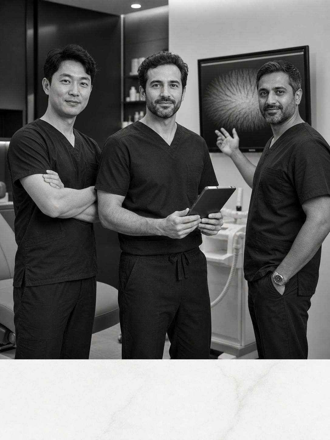 Professional male hair-restoration doctors reviewing a scalp assessment